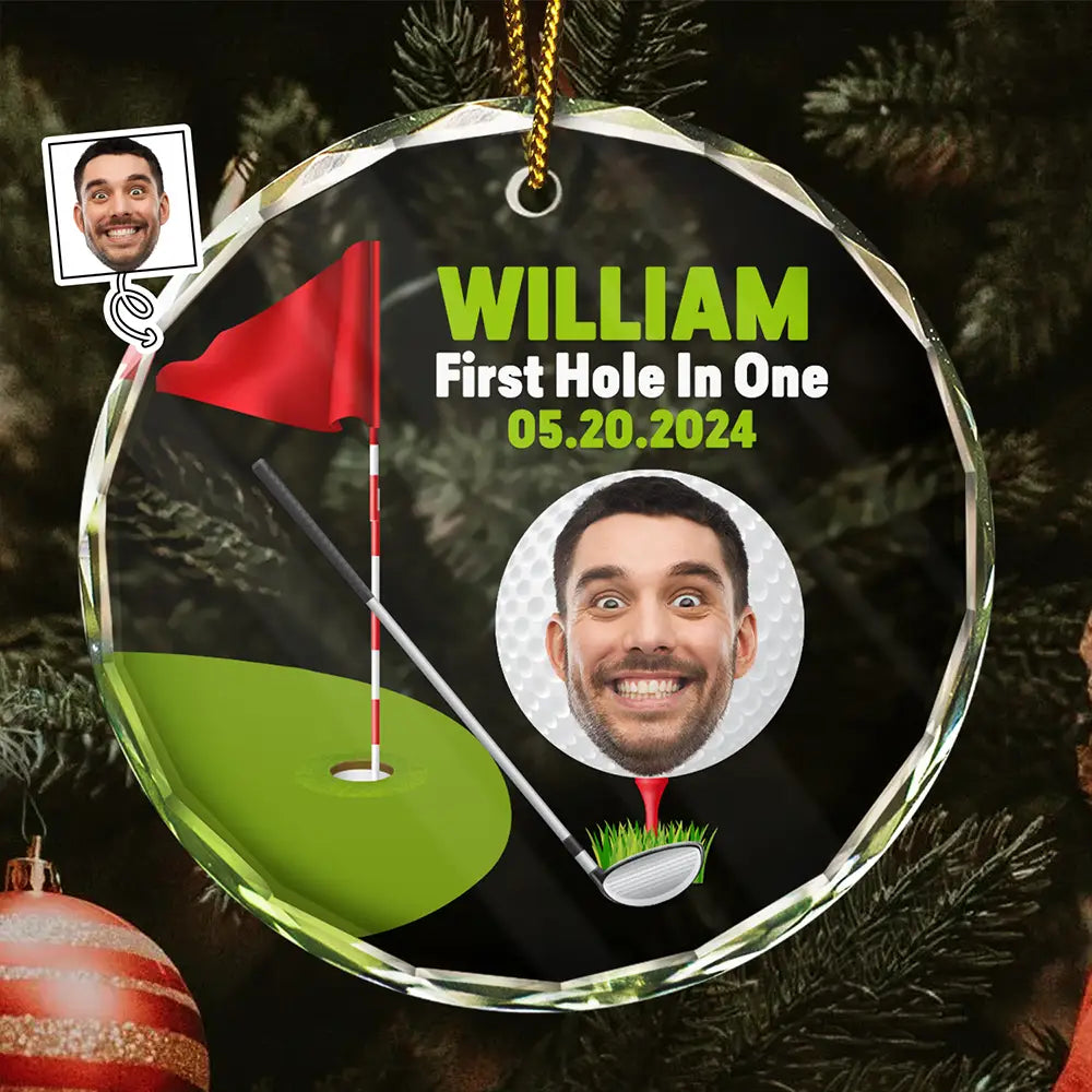 Custom Photo Funny Golf Lover First Hole In One - Personalized Circle Glass Ornament