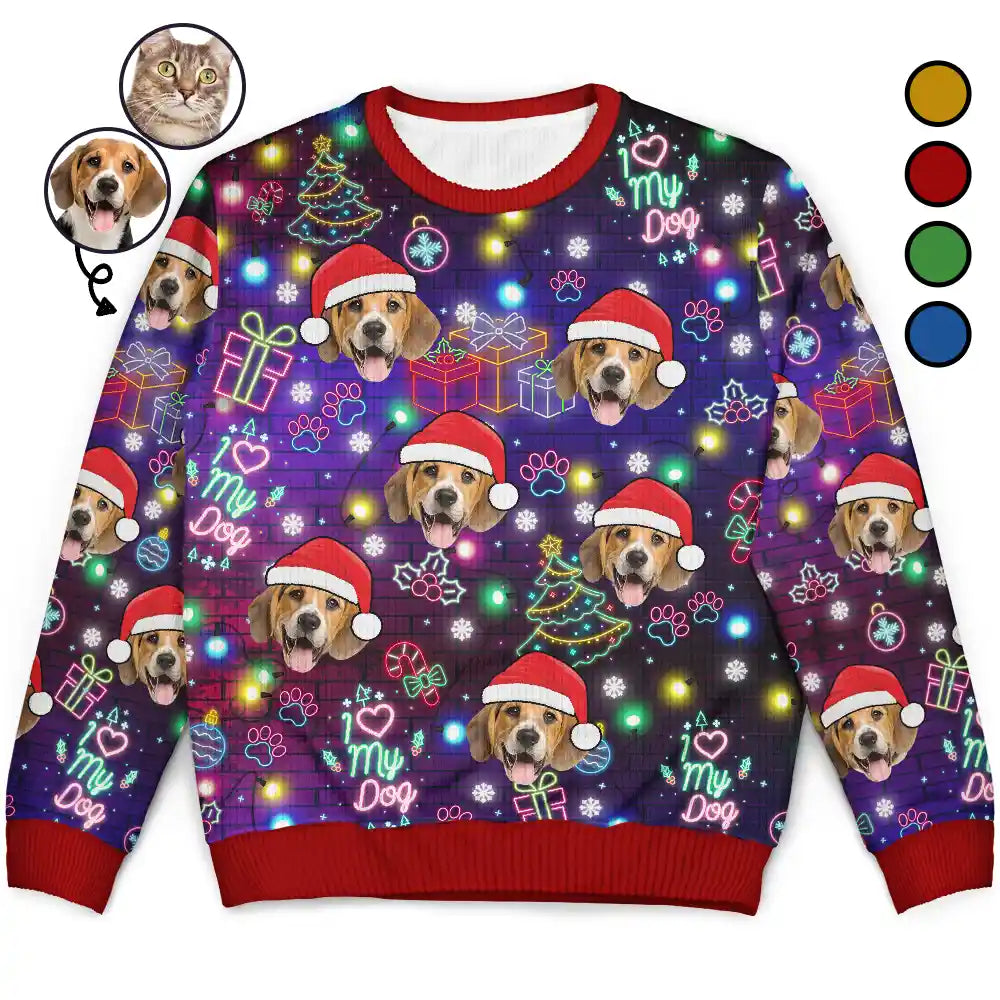 Custom Photo I Love My Dog Cat Pet Neon Christmas Light Style - Personalized Unisex Ugly Sweater