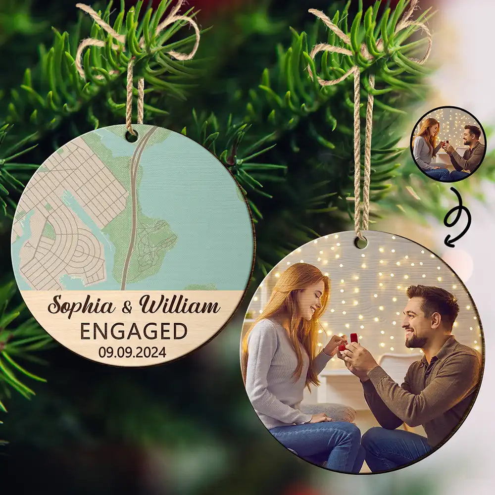 Custom Photo Location Map Married Engaged Couples - Personalized Wooden Ornament Print 2 Sides