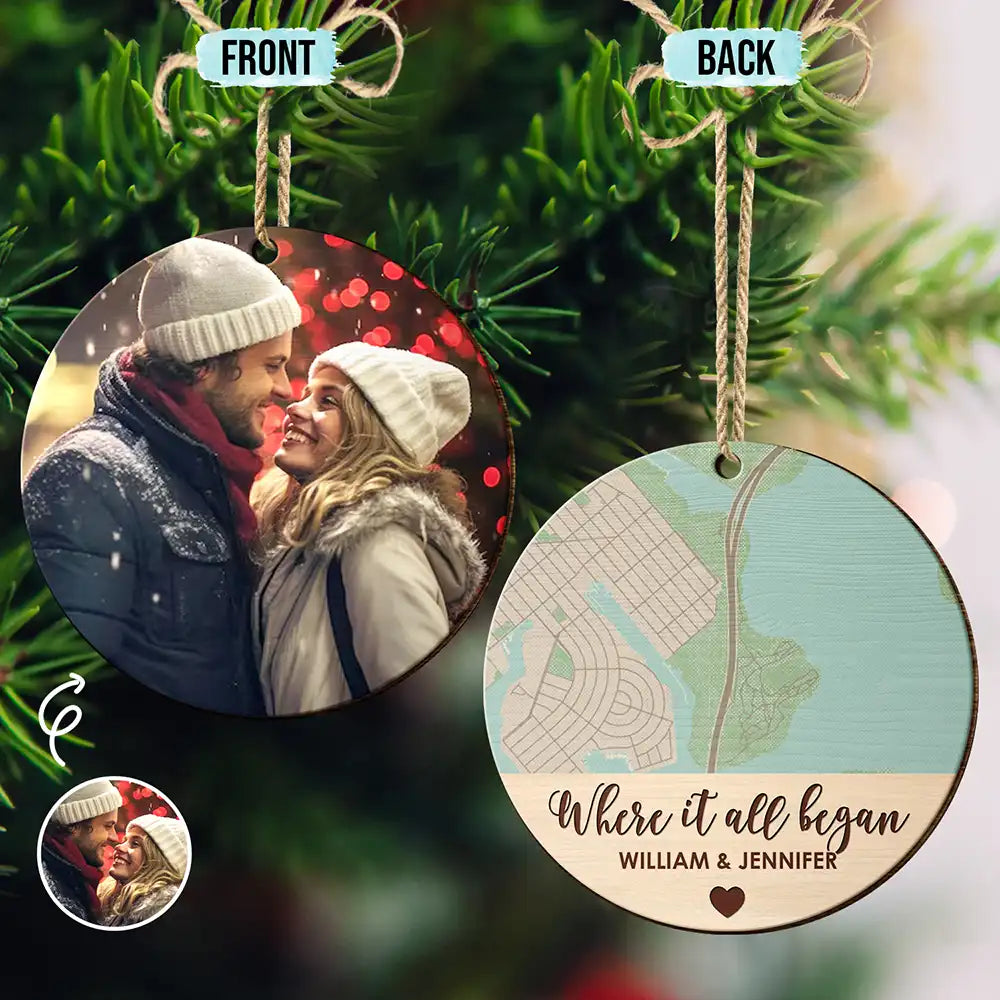 Custom Photo Map Location Where It All Began - Personalized Wooden Ornament Print 2 Sides