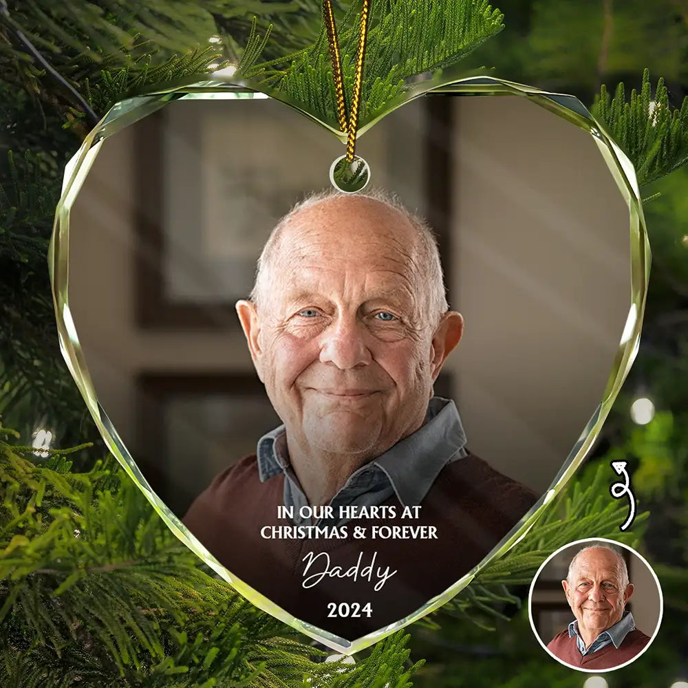 Custom Photo Memorial In Our Hearts At Christmas And Forever - Personalized Glass Ornament