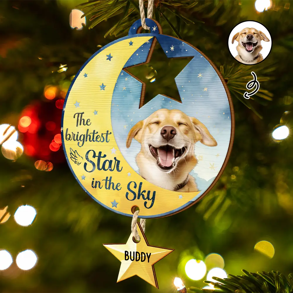 Custom Photo Memorial The Brightest Star - Personalized Wooden Ornament With Wooden Tag