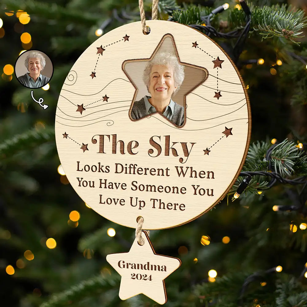 Custom Photo Memorial The Sky Looks Different - Personalized Wooden Ornament With Wooden Tag