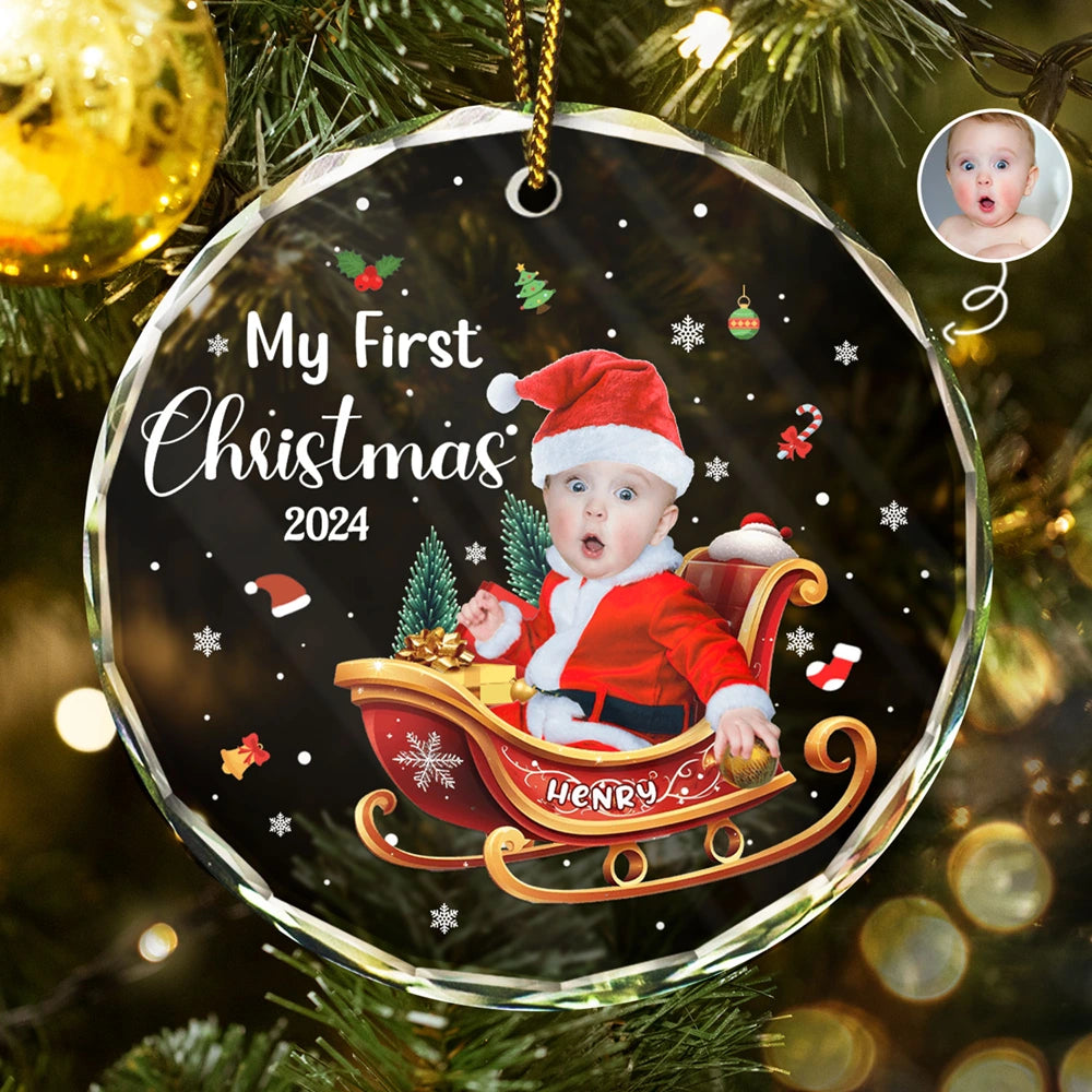 Custom Photo My First Christmas - Personalized Circle Glass Ornament