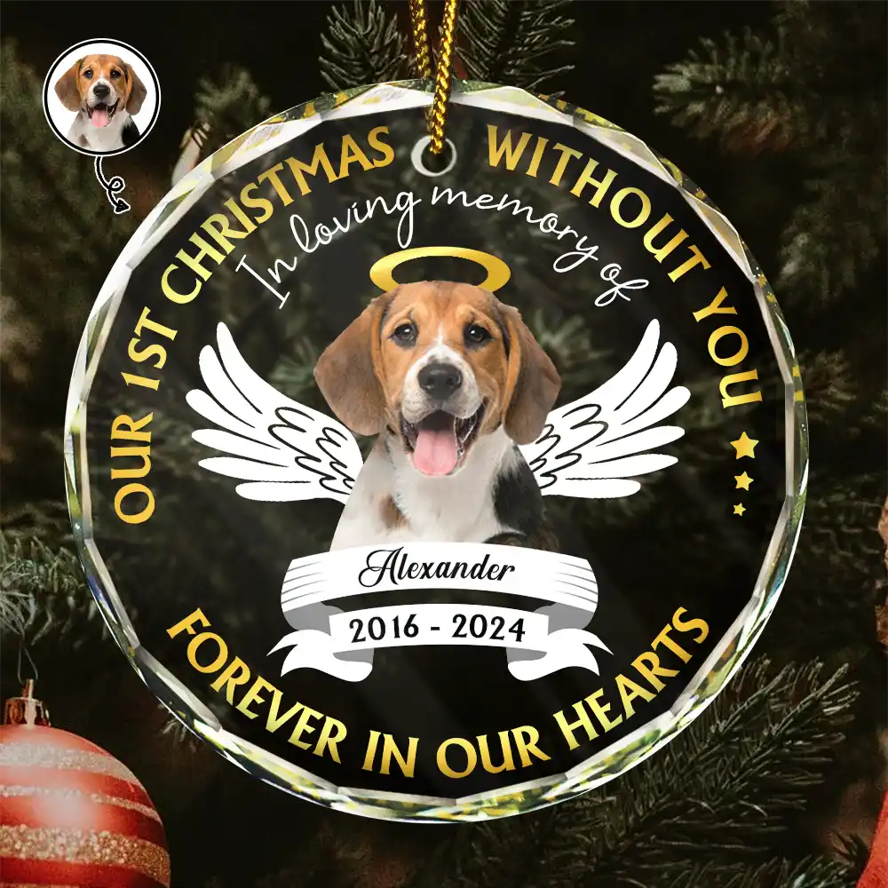 Custom Photo Our First Christmas Without You Pet Memorial - Personalized Glass Ornament