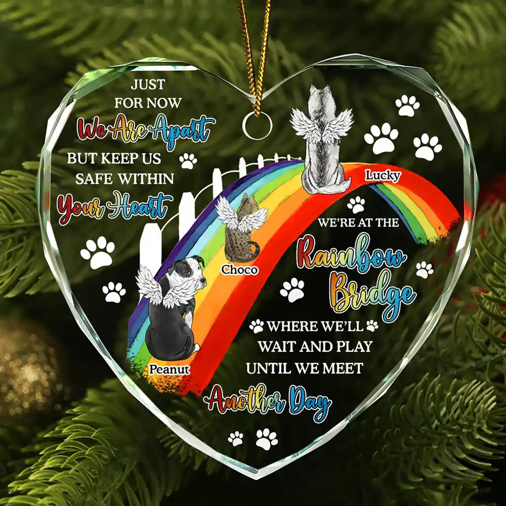 Dog Cat Memorial We'll Wait And Play At The Rainbow Bridge - Personalized Heart Shaped Glass Ornament