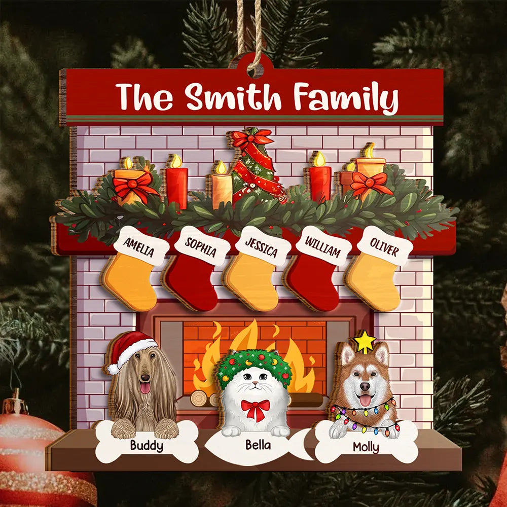 Family Fireplace Dog Cat Christmas - Personalized 2-Layered Wooden Ornament