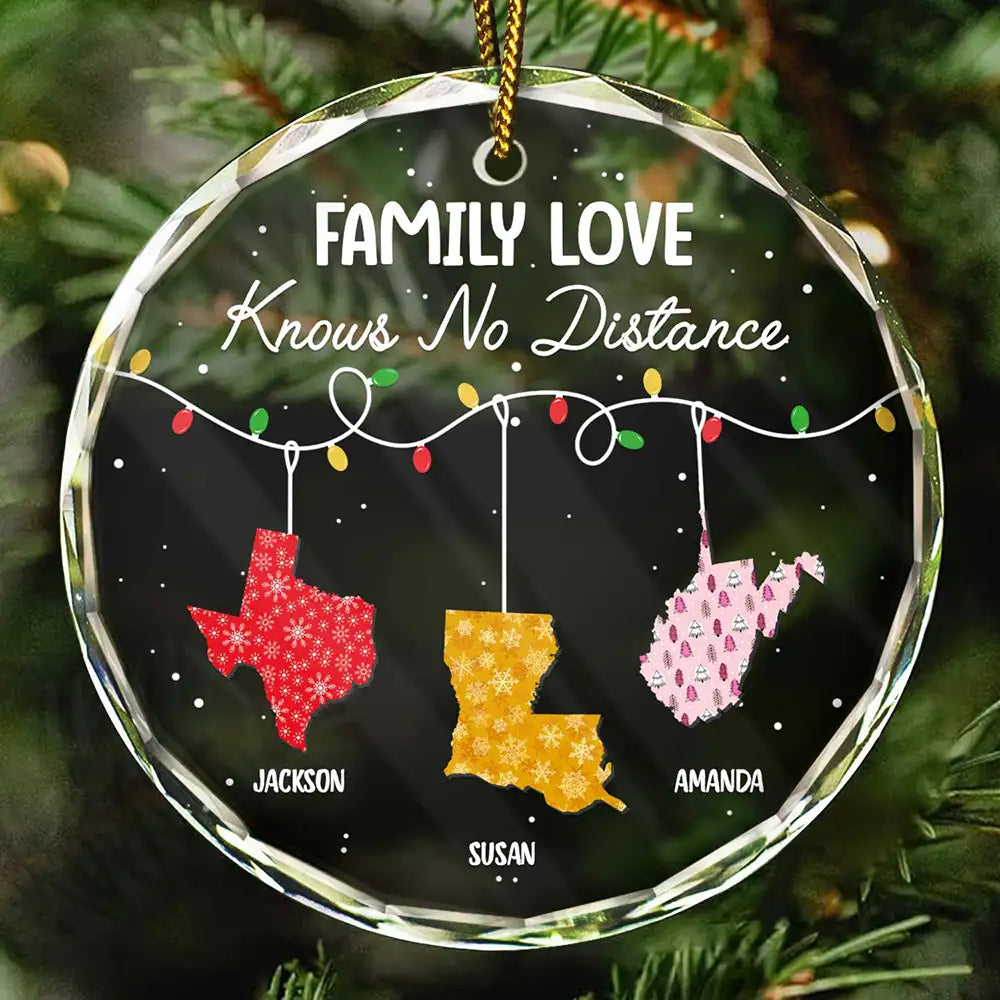 Family Love Knows No Distance - Personalized Circle Glass Ornament