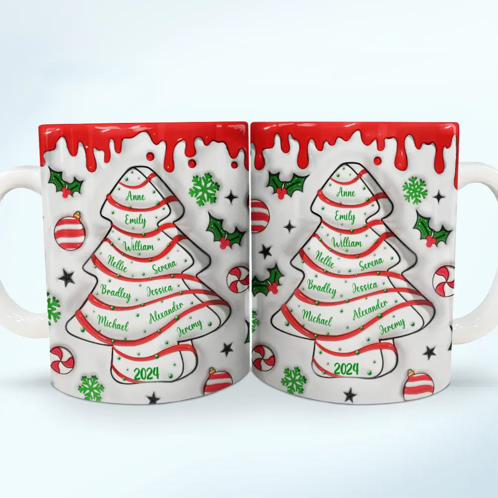 Family Name Christmas Tree Cake - 3D Inflated Effect Printed Mug, Personalized White Edge-to-Edge Mug