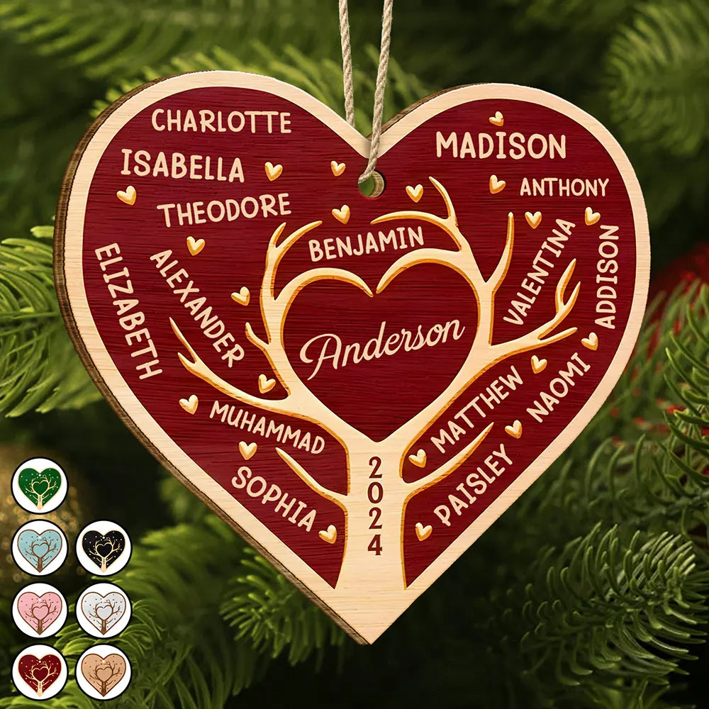 Family Tree Heart - Personalized Custom Shaped Wooden Ornament