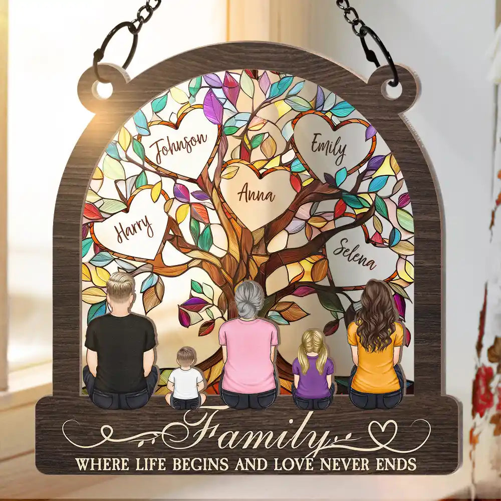 Family Tree Where Life Begins And Love Never Ends - Personalized Window Hanging Suncatcher Ornament