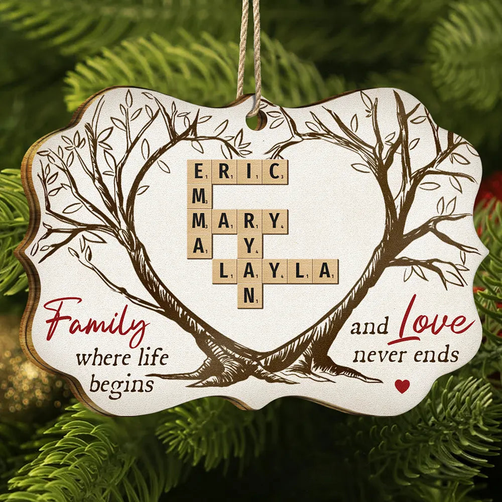 Family Where Life Begins And Love Never Ends Crossword Scrabble - Personalized Medallion Wooden Ornament