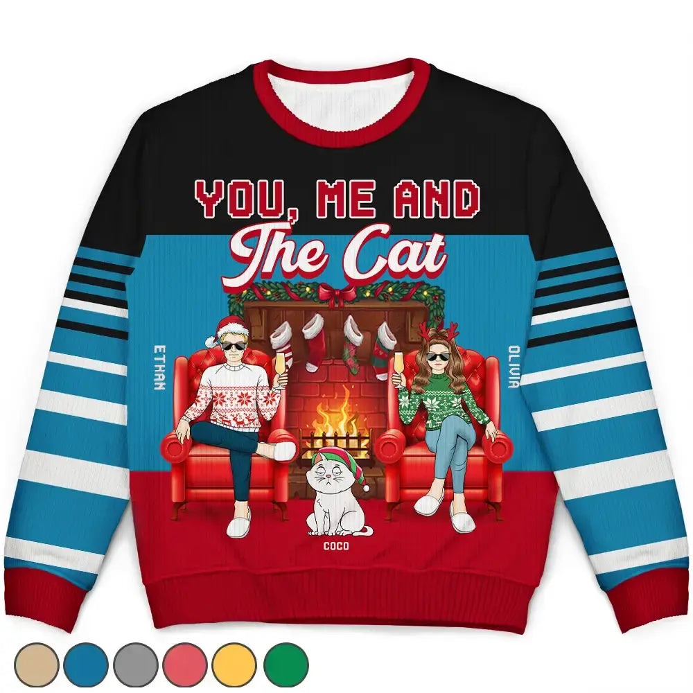 Fireplace You, Me And The Cat - Personalized Unisex Ugly Sweater