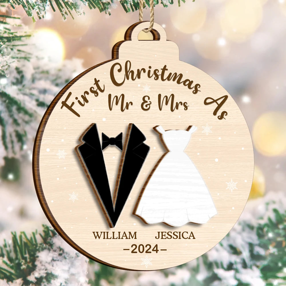 First Christmas As Mr & Mrs Married Couples - Personalized 2-Layered Wooden Ornament