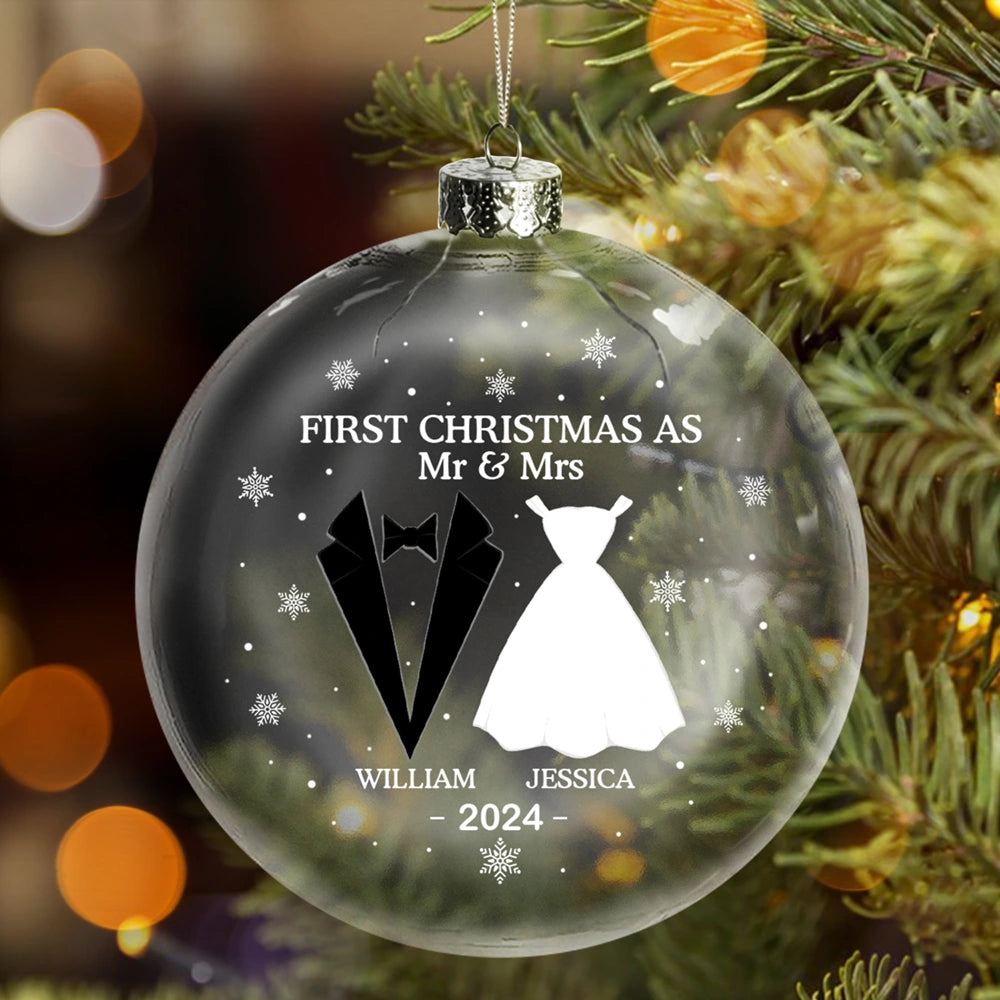 First Christmas As Mr & Mrs Married Couples - Personalized Clear Flat Ball Ornament