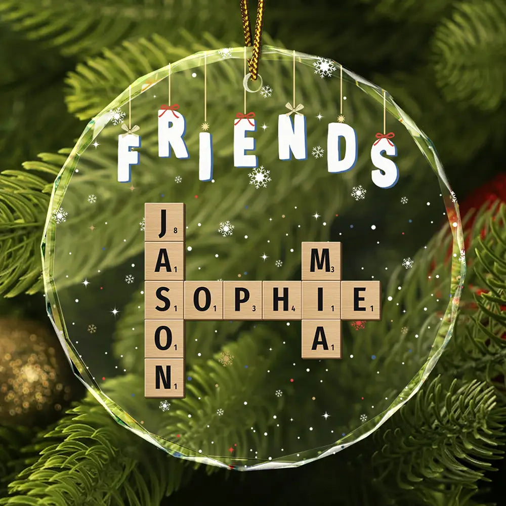 Friends Besties Sisters Brothers Family Crossword Scrabble - Personalized Circle Glass Ornament