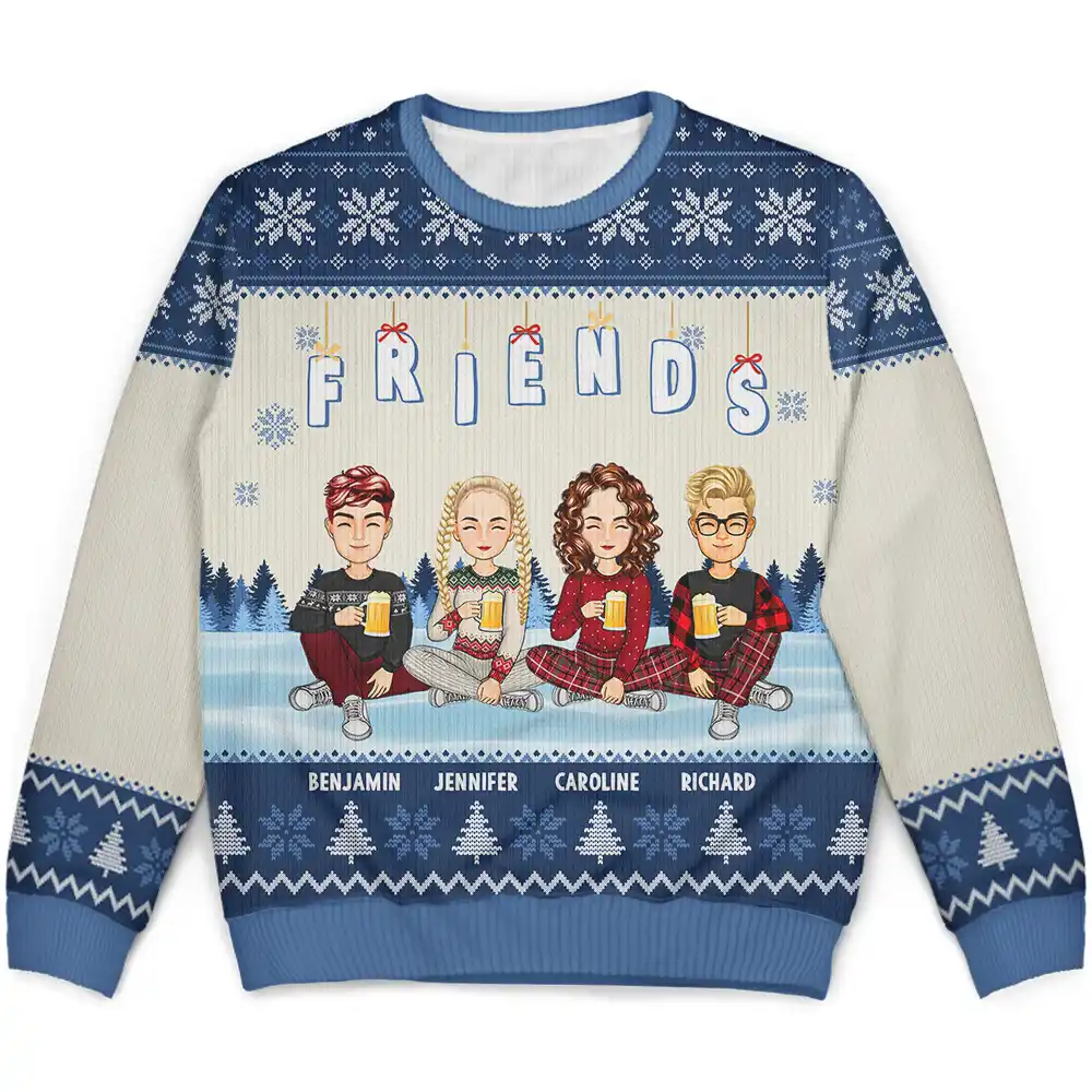 Friends Besties Sisters Sitting Together Cartoon - Personalized Unisex Ugly Sweater