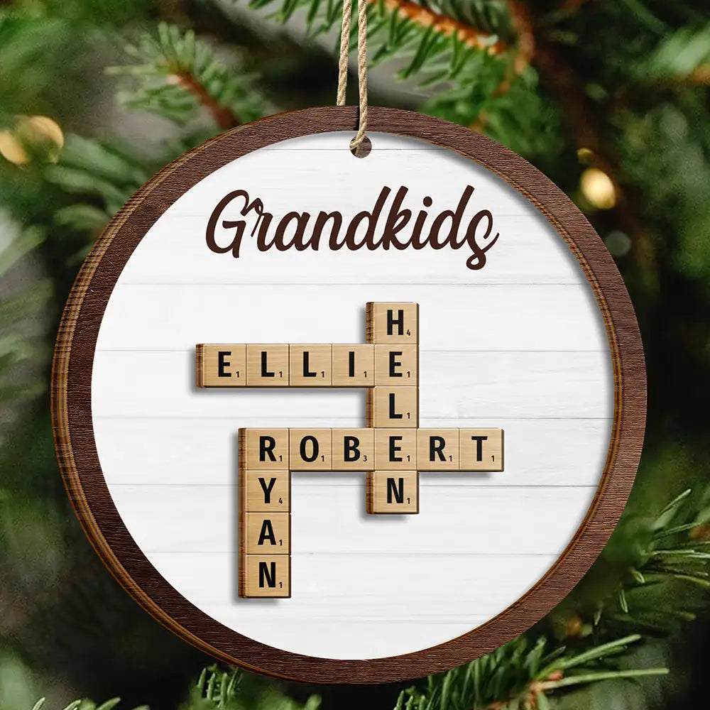 Grandkids Christmas Crossword Scrabble - Personalized 2-Layered Wooden Ornament