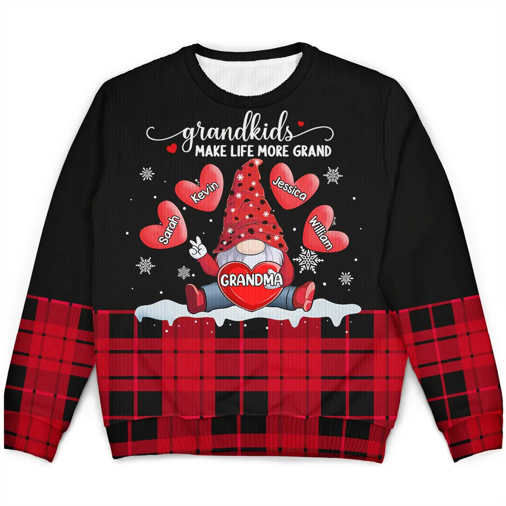 Grandkids Make Life More Grand Christmas Gnome - Personalized Unisex Ugly Sweater