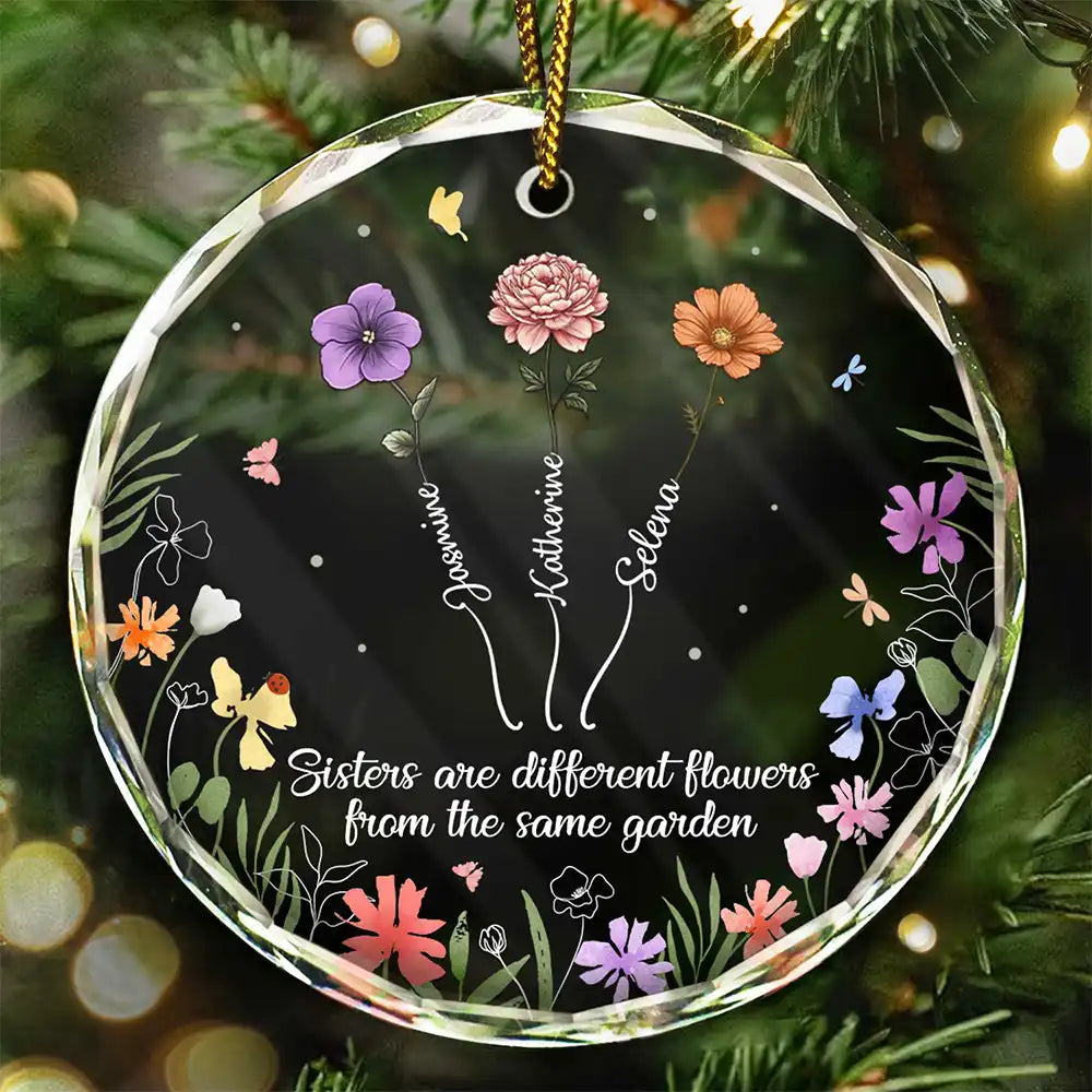 Growing Birth Flower Sisters From The Same Garden - Personalized Circle Glass Ornament