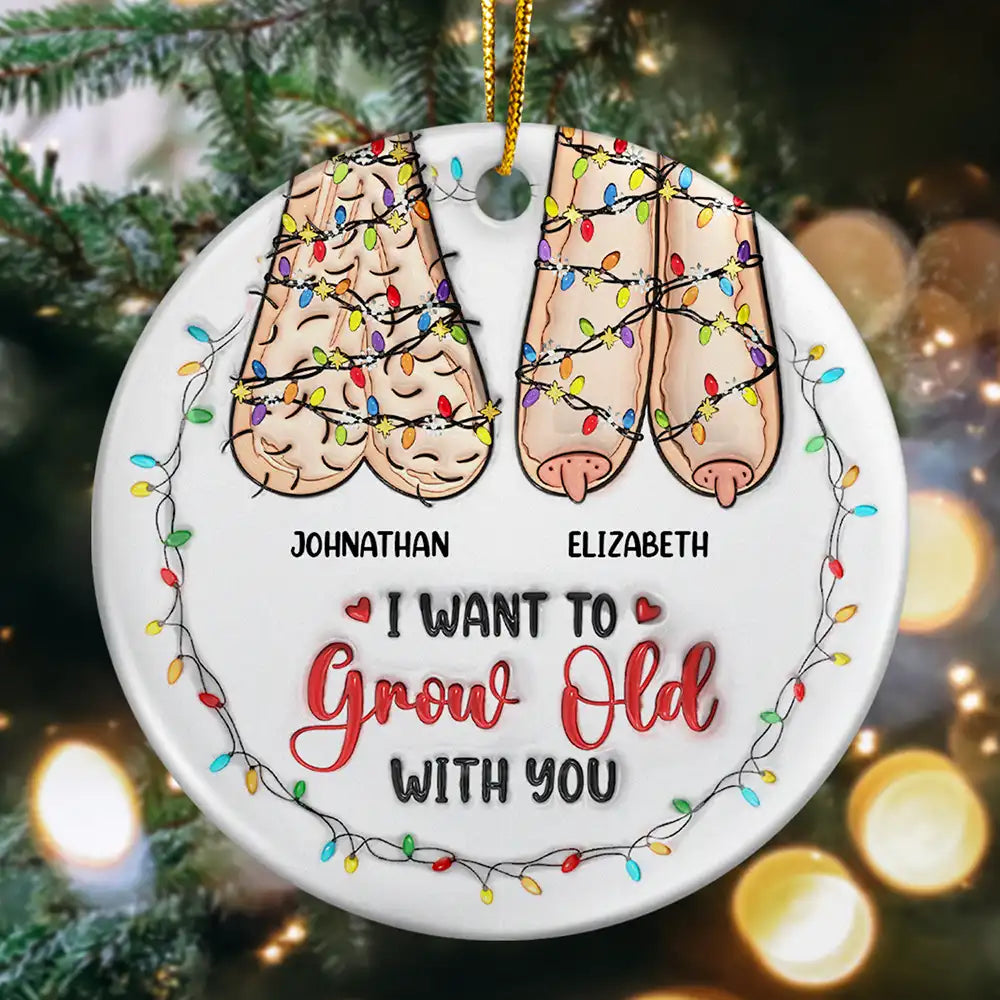 Growing Old Together Couples - 3D Inflated Effect Printed Ornament, Personalized Circle Ceramic Ornament