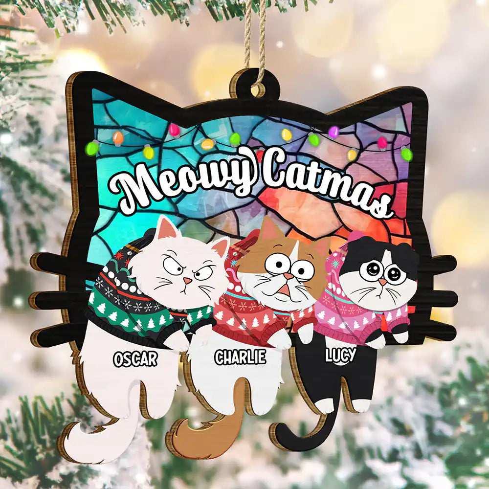 Hanging Cats Meowy Catmas - Personalized Wooden Cutout Ornament