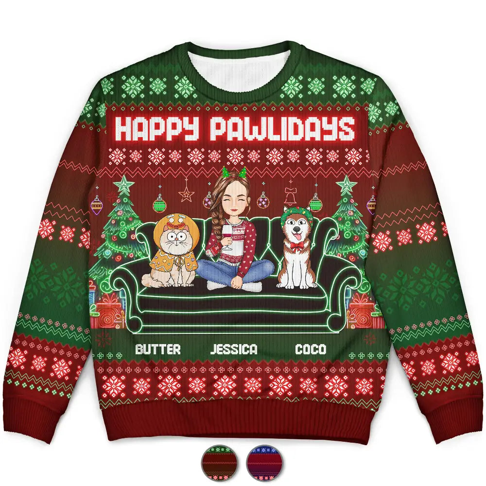 Happy Pawlidays Cartoon Dogs Cats Neon Christmas Light Style - Personalized Unisex Ugly Sweater