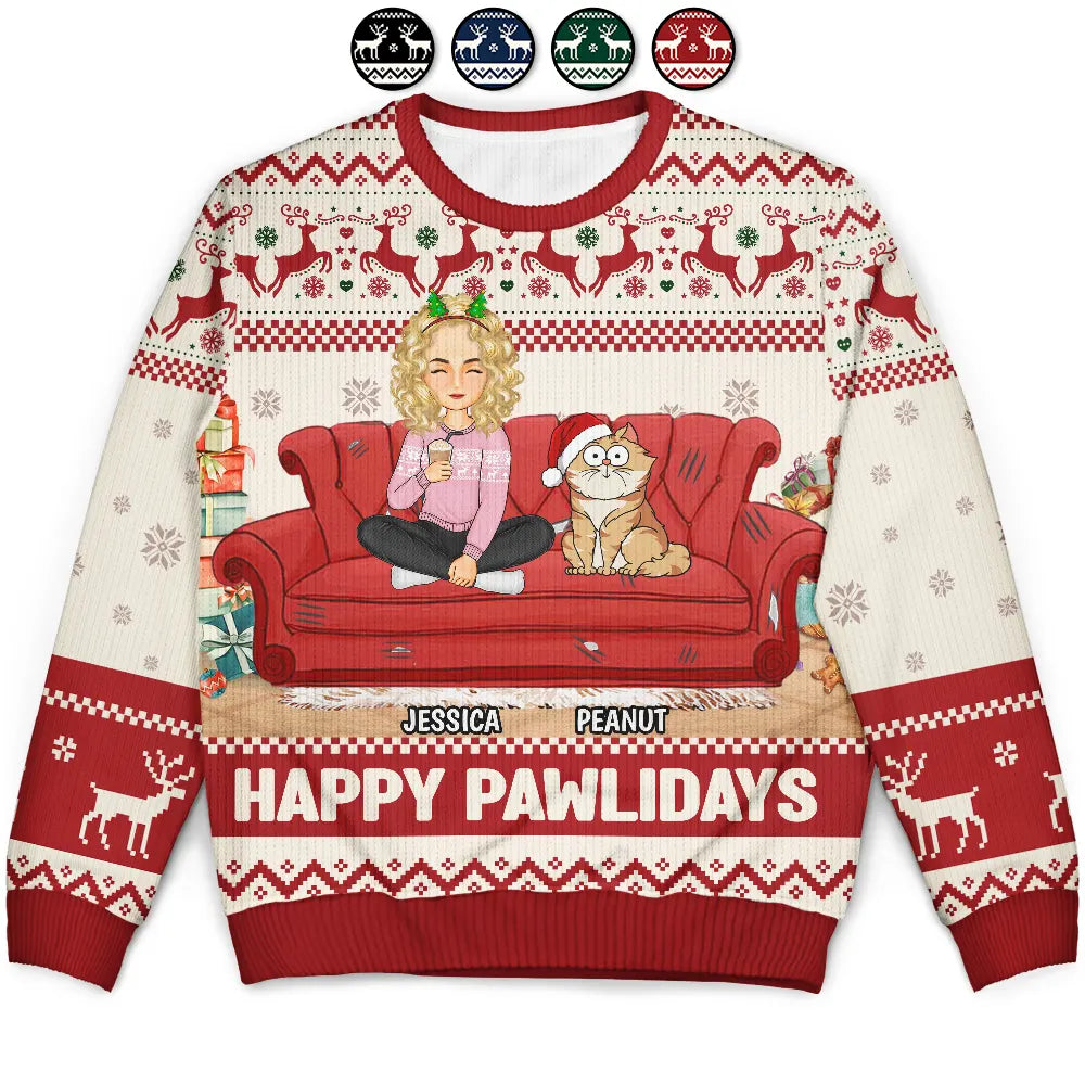 Happy Pawlidays Cartoon Girl - Personalized Unisex Ugly Sweater