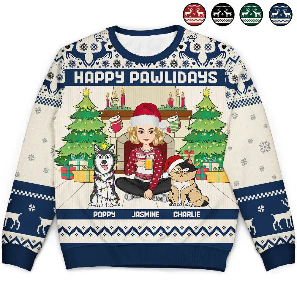 Happy Pawlidays Christmas Dogs Cats - Personalized Unisex Ugly Sweater