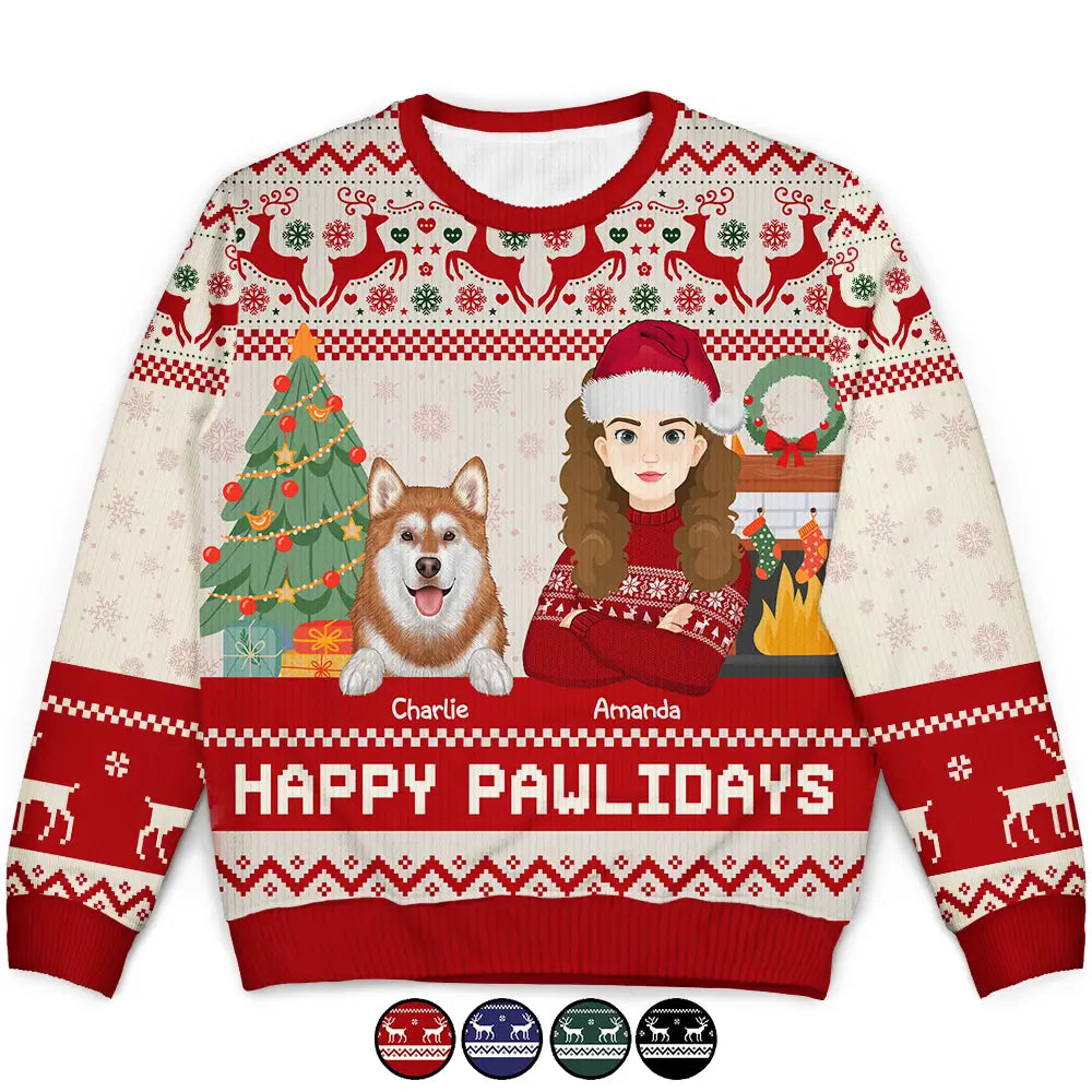 Happy Pawlidays Dog And Cat Lover Flat Art - Personalized Unisex Ugly Sweater