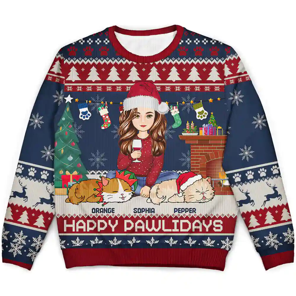 Happy Pawlidays Lying Cat - Personalized Unisex Ugly Sweater