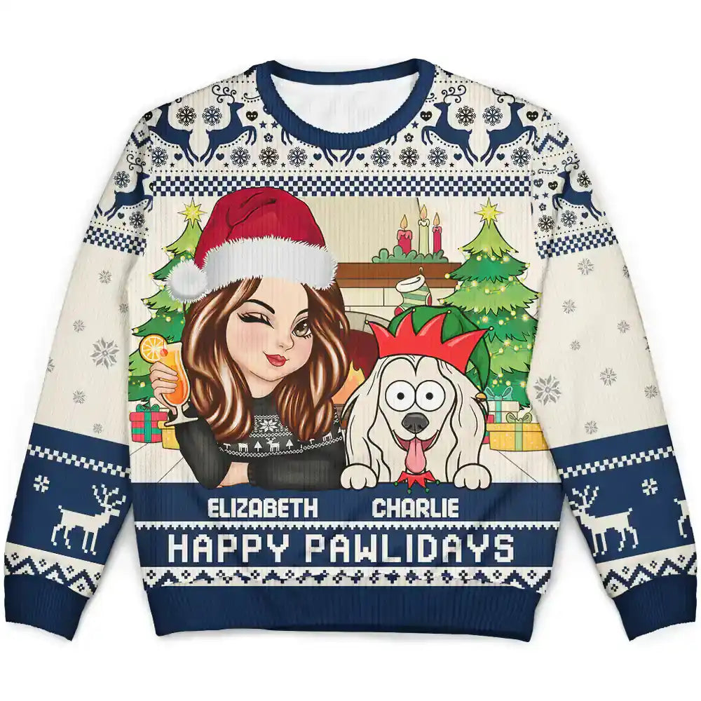 Happy Pawlidays Woman With Pets - Personalized Unisex Ugly Sweater