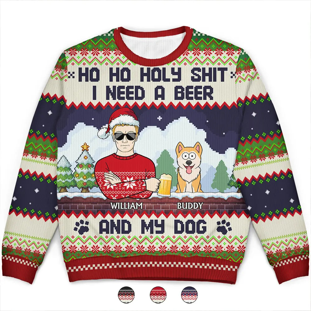 Ho Ho Holy I Need A Beer Funny Cartoon Dog Cat - Personalized Unisex Ugly Sweater