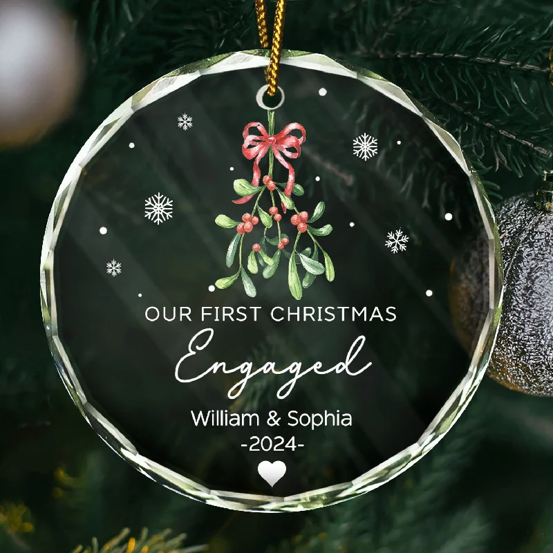 Mistletoe Our First Christmas Engaged - Personalized Circle Glass Ornament