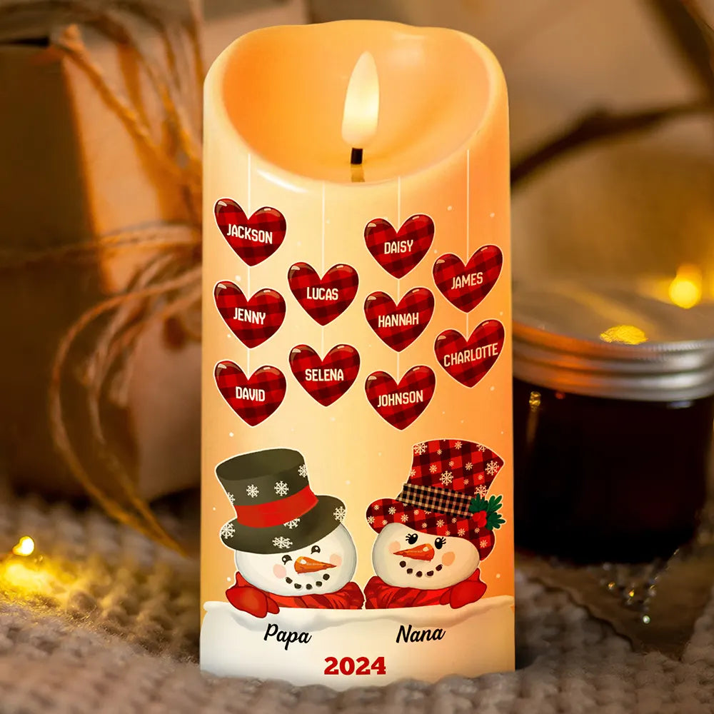 Papa Nana Snowman Christmas Grandparents - Personalized Flameless LED Candle