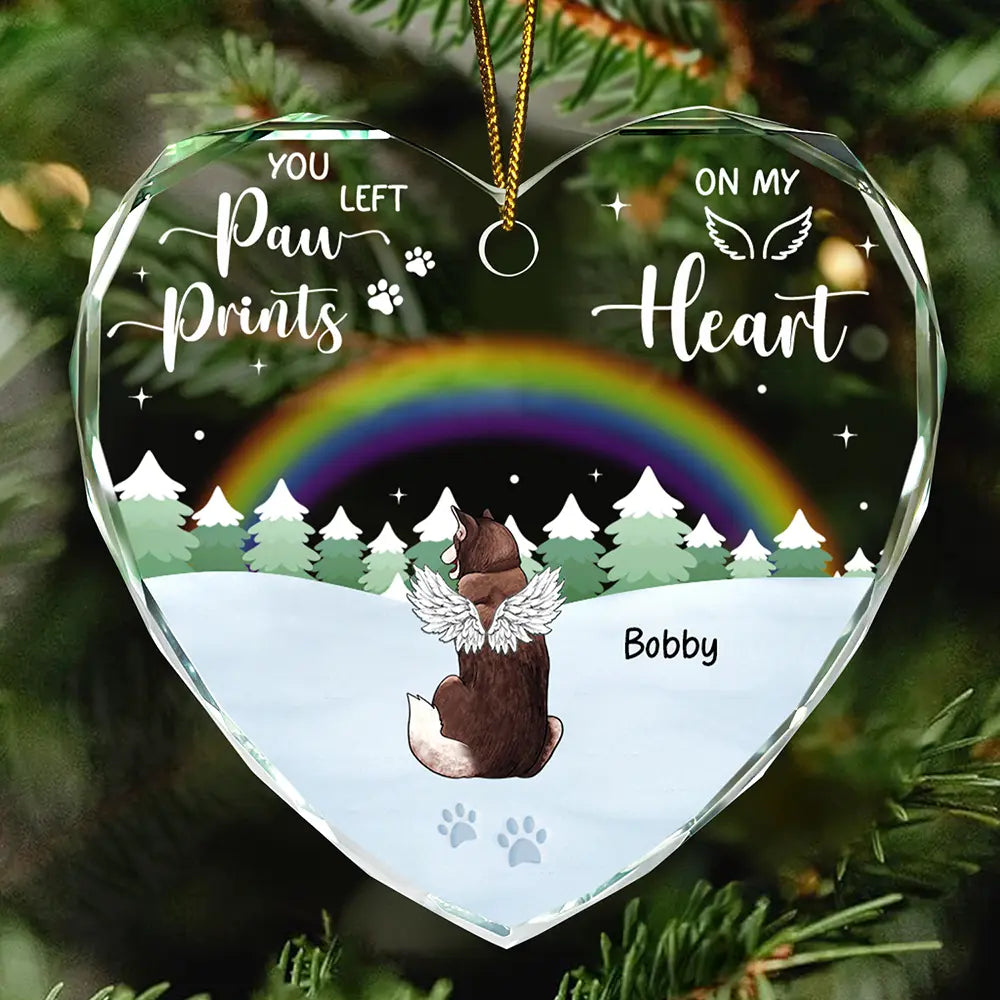 Paw Prints On My Heart - Personalized Heart Shaped Glass Ornament