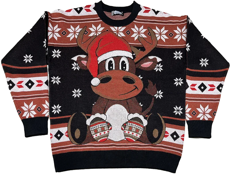 Reindeer In Santa Claus Hat Knitted Christmas Sweater