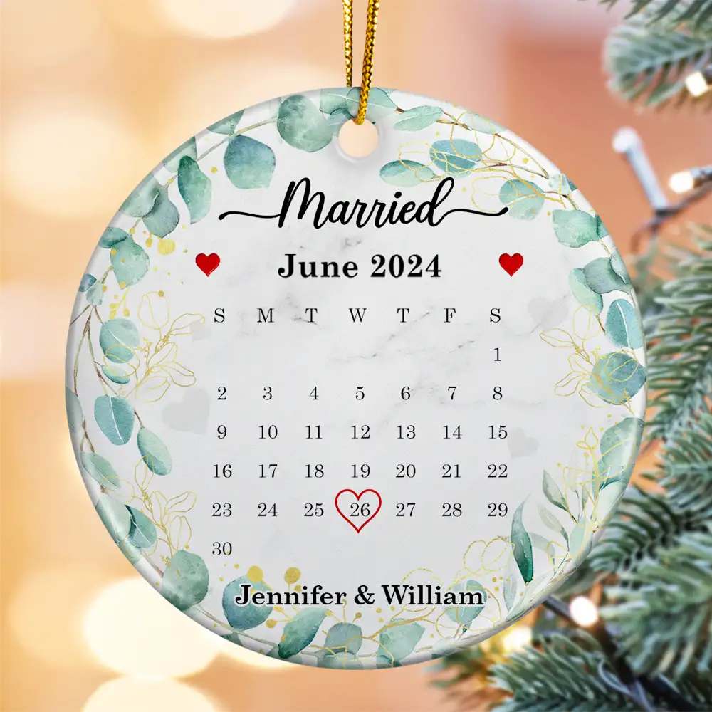 Wedding Calendar Married Engaged Couple - Personalized Circle Ceramic Ornament