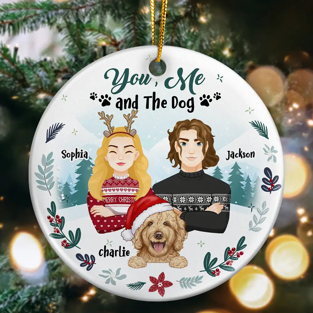 Winter You, Me And The Dog - Personalized Circle Ceramic Ornament