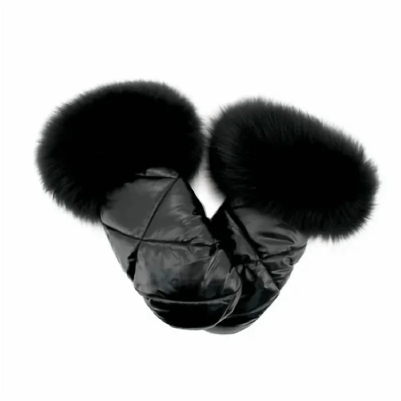 Women's Nylon Mittens With Fur Trim In Black