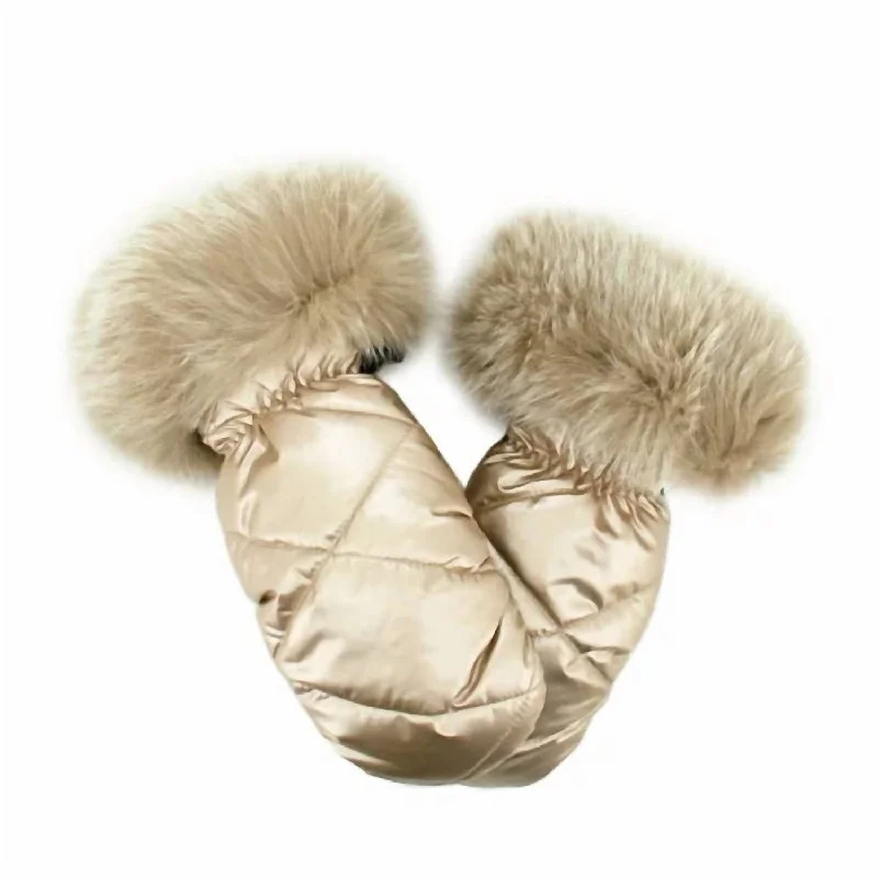 Women's Nylon Mittens With Fur Trim In Champagn