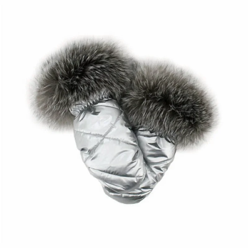 Women's Nylon Mittens With Fur Trim In Silver