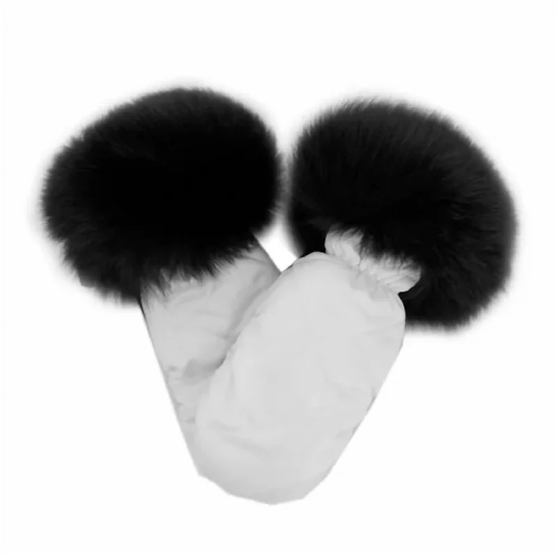 Women's Nylon Mittens With Fur Trim In White