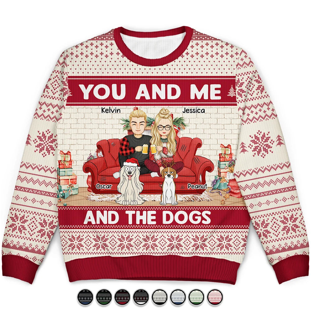 You And Me And The Dogs Cartoon - Personalized Unisex Ugly Sweater